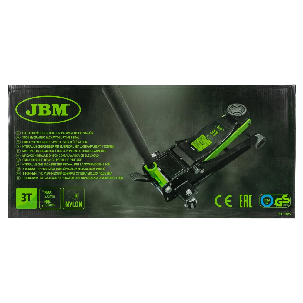 Cric hidraulic tip crocodil JBM 53422, pentru masini joase, capacitate ridicare 3 tone, inaltime ridicare 100 - 533 mm, cu pedala