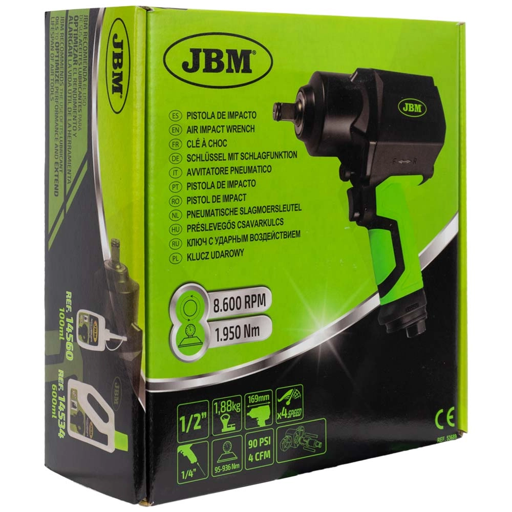Pistol pneumatic de impact JBM 53689, carcasa compozit, antrenor patrat 1/2 inch, cuplu maxim 1950 Nm, turatie 8600 rpm