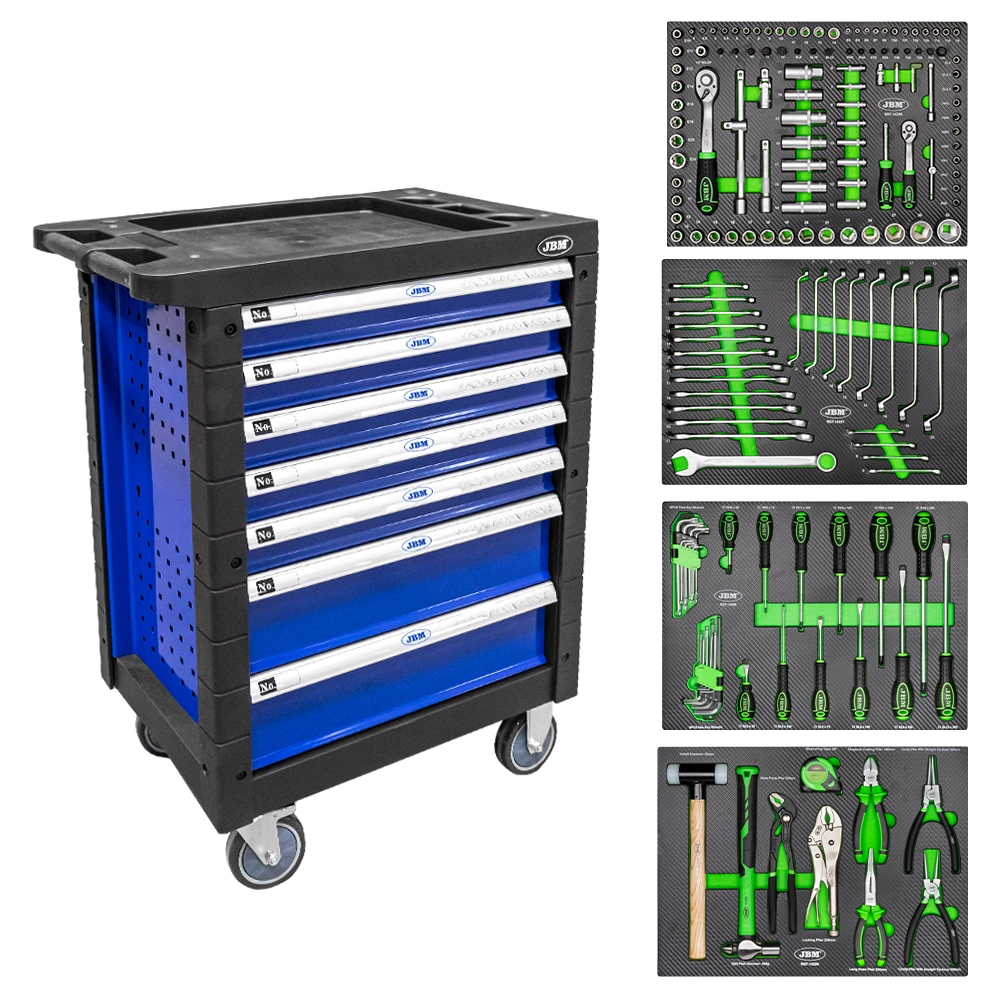 Carucior mobil pentru atelier, echipat cu 172 scule, JBM 53767, cu 7 sertare, capacitate incarcare 40 kg/sertar, tava superioara din plastic, albastru