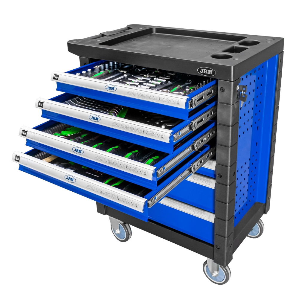 Carucior mobil pentru atelier, echipat cu 172 scule, JBM 53767, cu 7 sertare, capacitate incarcare 40 kg/sertar, tava superioara din plastic, albastru