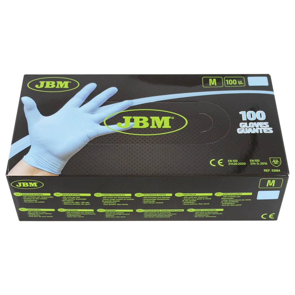 Set 100 manusi de protectie, de unica folosinta JBM 53984, din nitril, marime M, albastru