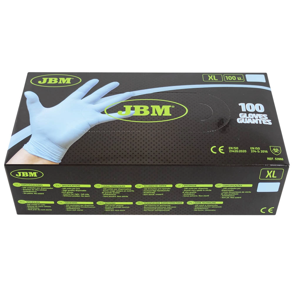 Set 100 manusi de protectie, de unica folosinta JBM 53986, din nitril, marime XL, albastru