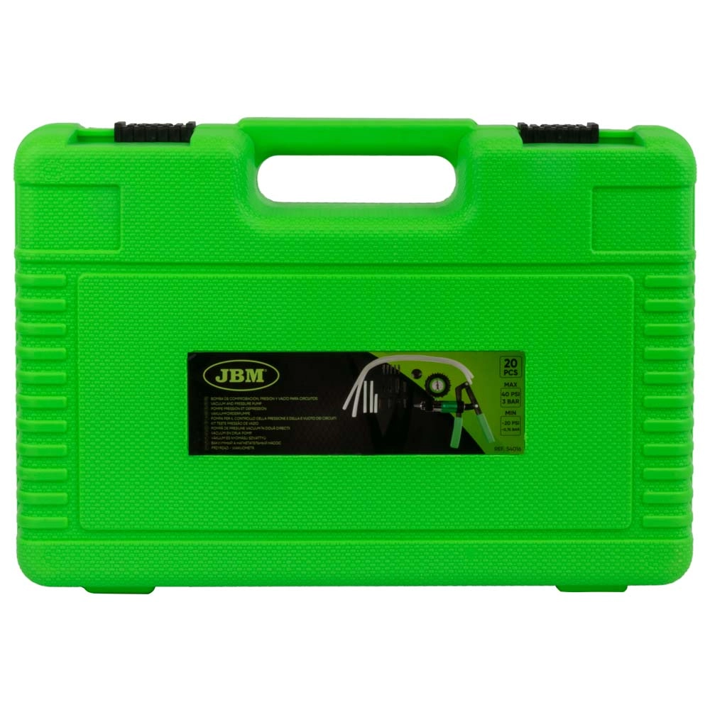 Kit pompa de vacuum JBM 54016, presiune maxima 3 bar, presiune minima -0,75 bar, cu duze, dopuri, garnituri, instrumente de masura