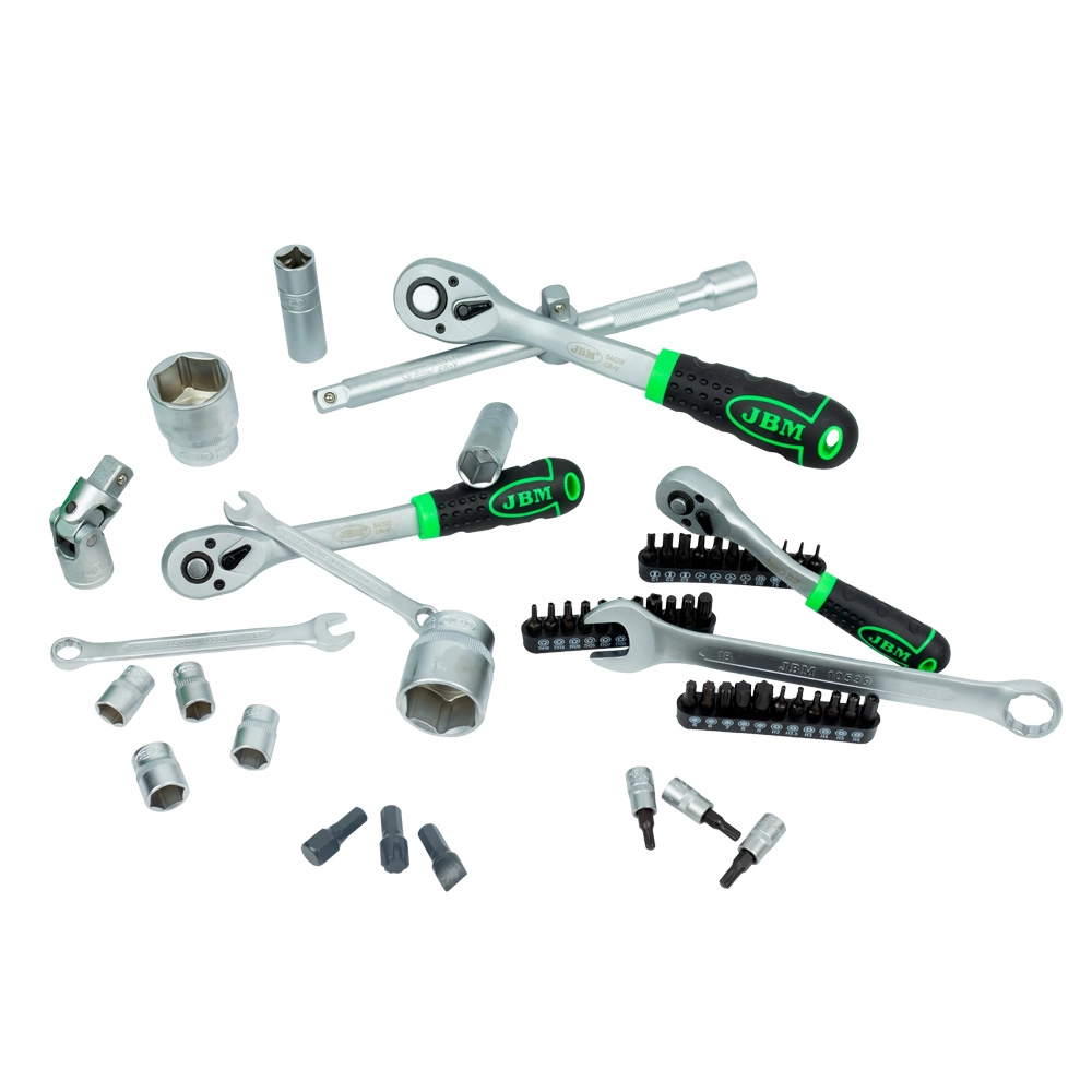 Trusa 216 scule JBM 54034, chei tubulare cu antrenor patrat 1/2 inch, 3/8 inch, 1/4 inch, chei combinate, antrenor clichet, biti de insurubare