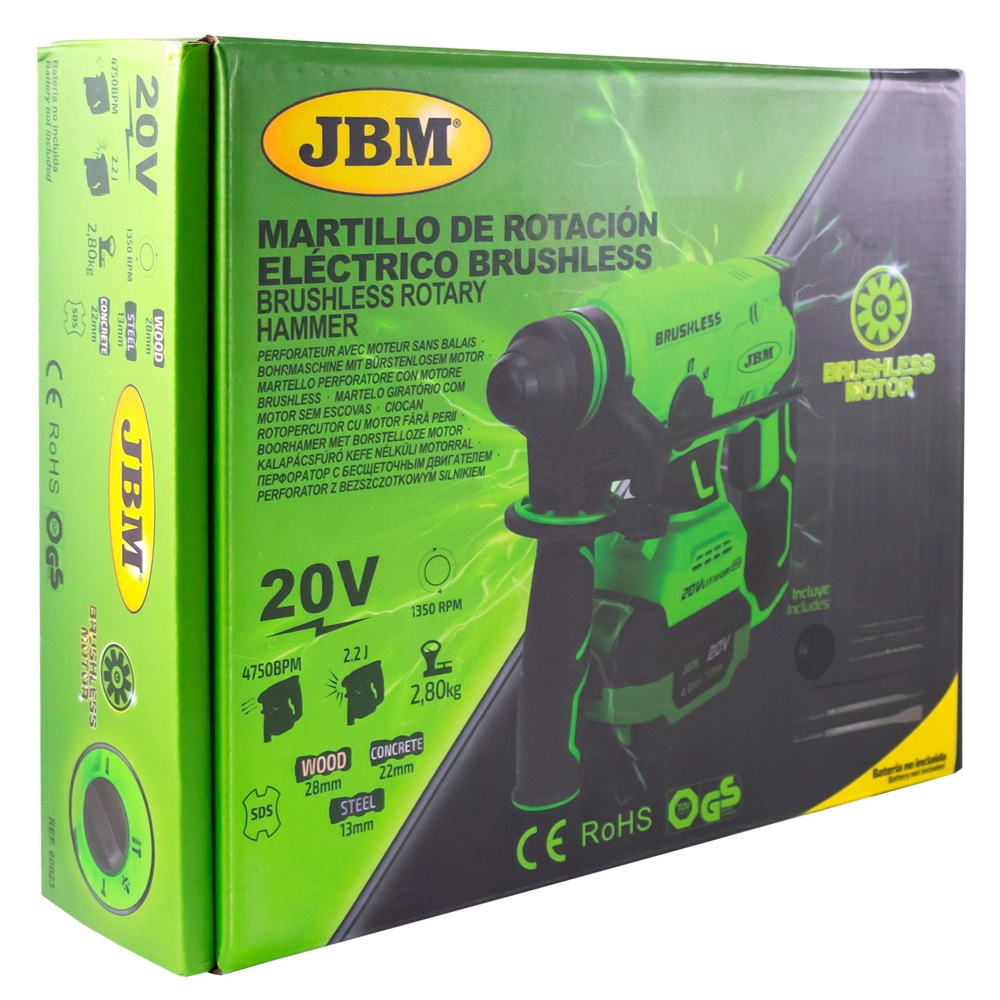 Ciocan rotopercutor JBM 60023, motor fara perii, turatie 1350 rpm, 4750 bpm, energie impact 2.2 J, prindere SDS, fara acumulator