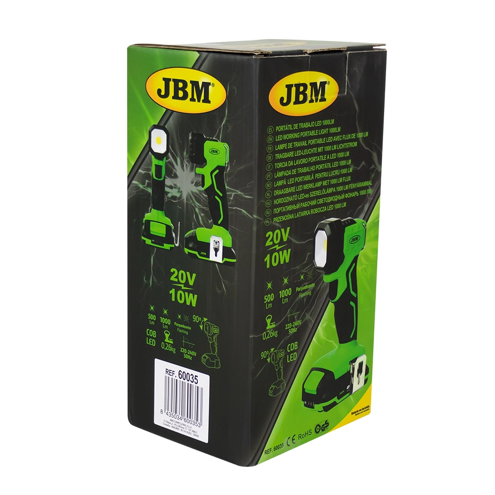 Lampa de lucru portabila cu LED JBM 60035, alimentare 20 V, putere 10 W, 3 moduri de iluminare 500 lm, 1000 lm, intermitent, fara acumulator