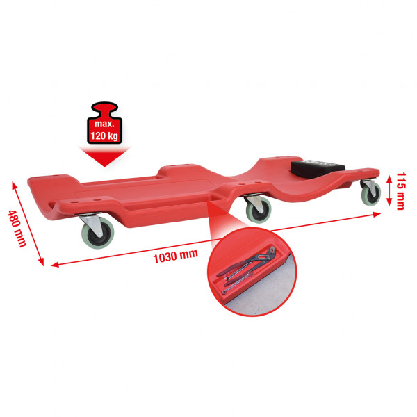 Pat de atelier KS TOOLS 500.8090, tetiera tapitata, 6 role transport, din material plastic, 1030x480x115 mm, rosu