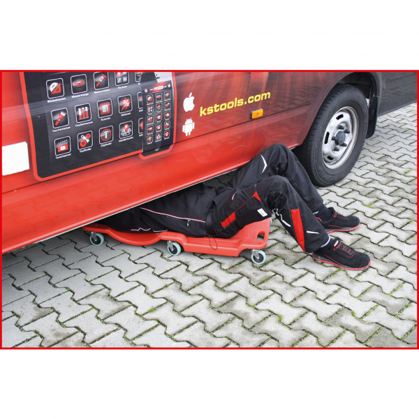 Pat de atelier KS TOOLS 500.8090, tetiera tapitata, 6 role transport, din material plastic, 1030x480x115 mm, rosu