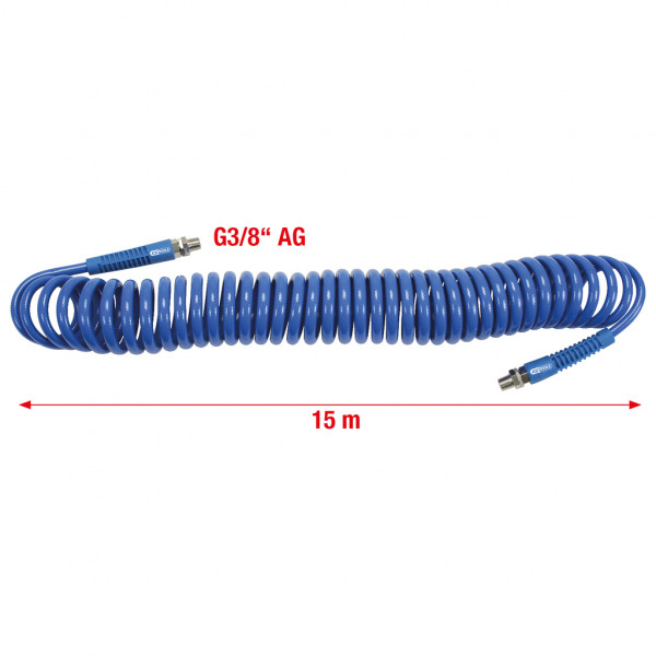 Furtun spiralat pentru aer comprimat KS TOOLS 515.3340, diametru 10 mm, lungime 15 m, cupla 3/8 inch, presiune maxima 12 bar, din poliuretan