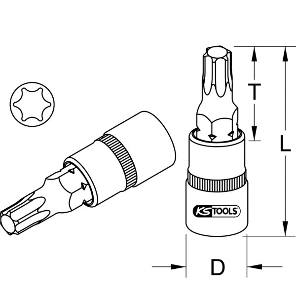 Cap cheie tubulara KS TOOLS 911.1367, profil torx, deschidere cheie T50, antrenor patrat 1/2 inch, lungime 55 mm, otel crom vanadiu