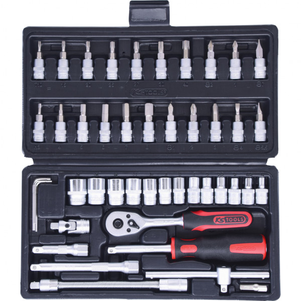 Trusa 46 piese KS TOOLS 911.0646, antrenor patrat 1/4 inch, capete tubulare, chei imbus, biti insurubare, otel crom vanadiu, cutie plastic
