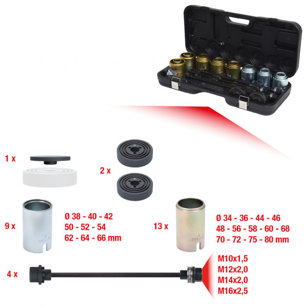 Kit bucse pentru presare si tragere rulmenti KS TOOLS 700.1550, 37 piese, cuplu maxim 250 Nm