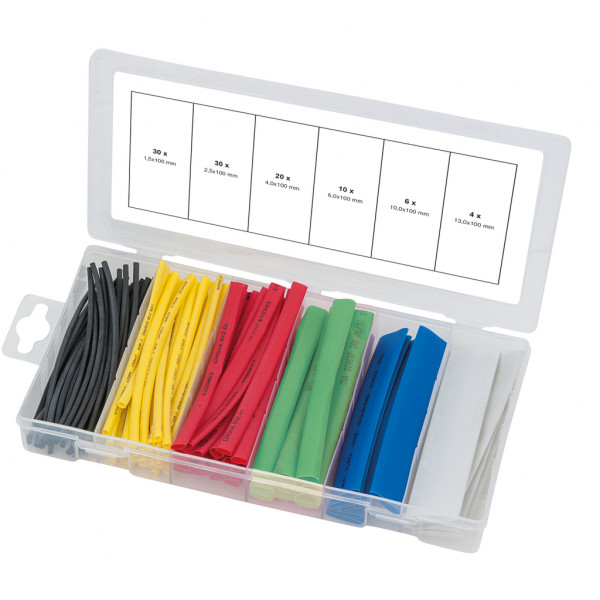 Set 100 tuburi termocontractabile KS TOOLS 970.0540, rata de contractie 2:1, diverse culori, cutie plastic