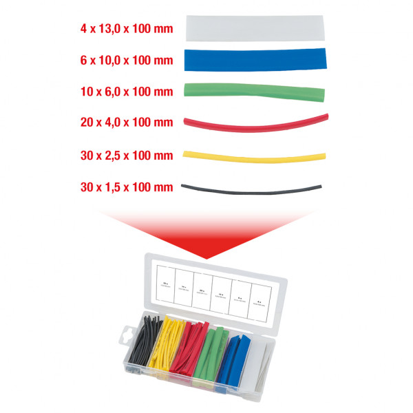 Set 100 tuburi termocontractabile KS TOOLS 970.0540, rata de contractie 2:1, diverse culori, cutie plastic