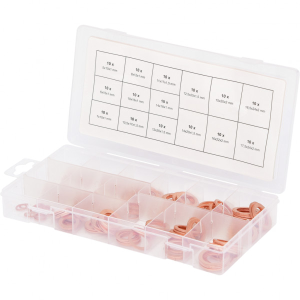 Set 150 saibe de etansare din cupru KS TOOLS 970.0040, diametru 5-17.5 mm, cutie plastic