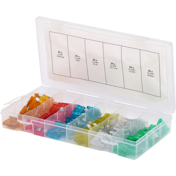 Set 120 sigurante fuzibile auto KS TOOLS 970.0250, 5-30A, aliaj de zinc, cutie plastic
