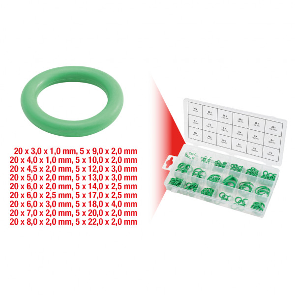 Set 225 garnituri o-ring KS TOOLS 970.0260, cauciuc, HNBR, diametru interior 3-22 mm, cutie plastic