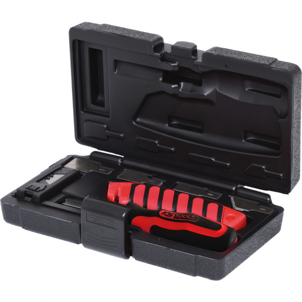 Trusa 27 piese pentru razuit si taiat KS TOOLS 907.2200, azuitor manual, cutter, lame de rezerva, otel crom vanadiu, cutie din plastic