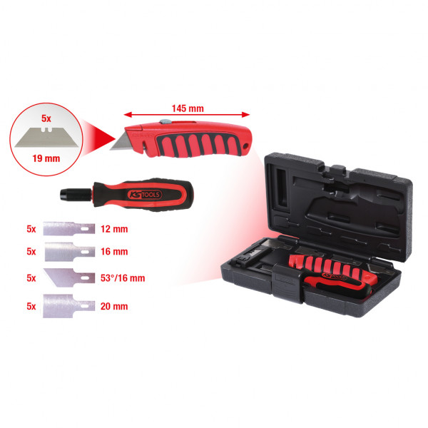 Trusa 27 piese pentru razuit si taiat KS TOOLS 907.2200, azuitor manual, cutter, lame de rezerva, otel crom vanadiu, cutie din plastic