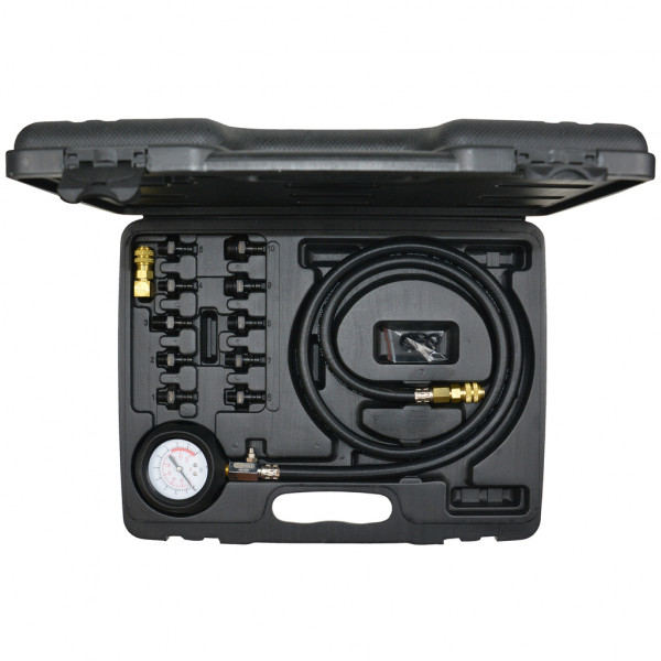 Tester pentru presiune ulei KS TOOLS 150.1920, 12 piese, domeniu testare 0-10 bar, furtun flexibil 1.3 m, 10 adaptoare, manometru