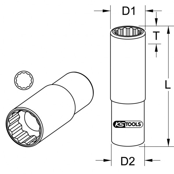 Cap cheie tubulara KS TOOLS 911.3991, antrenor patrat 3/8 inch, deschidere 14 mm, lungime 64 mm, otel crom vanadiu