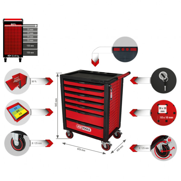 Carucior pentru atelier KS TOOLS RacingLine 826.0007, 7 sertare, capacitate incarcare 30 kg/sertar, culoare negru/rosu, 788 x 976 x 496 mm, fara scule