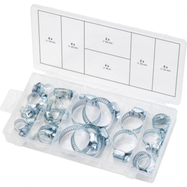 Set 26 coliere metalice pentru furtune KS TOOLS 970.0070, diametru 16-40 mm, cutie plastic