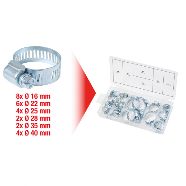 Set 26 coliere metalice pentru furtune KS TOOLS 970.0070, diametru 16-40 mm, cutie plastic