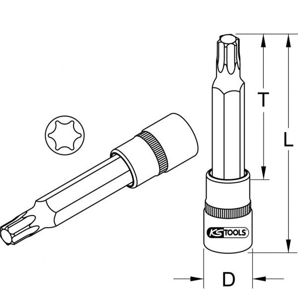 Cap cheie tubulara KS TOOLS 911.1525, antrenor patrat 1/2 inch, profil torx T40, lungime 110 mm, otel crom vanadiu
