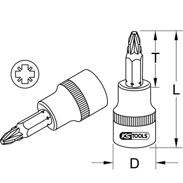 Cap cheie tubulara KS TOOLS 911.1377-E, antrenor patrat 1/4 inch, profil pozidrive, deschidere cheie PZ1, lungime 37 mm, otel crom vanadiu
