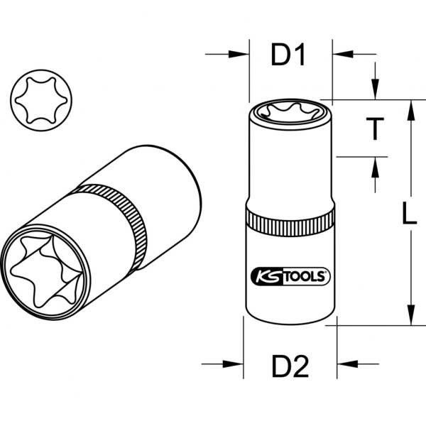Cap cheie tubulara KS TOOLS 911.4317, antrenor patrat 1/4 inch, profil torx-E, deschidere E8, lungime 25 mm, otel crom vanadiu