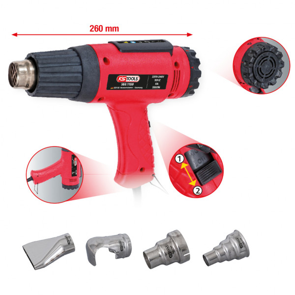 Suflanta cu aer cald KS TOOLS 960.1190, putere 2000 W, temperatura 50 - 650 Celsius, debit aer 200 - 500 l/min, 4 accesorii