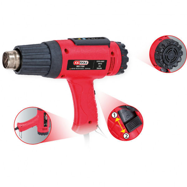 Suflanta cu aer cald KS TOOLS 960.1190, putere 2000 W, temperatura 50 - 650 Celsius, debit aer 200 - 500 l/min, 4 accesorii