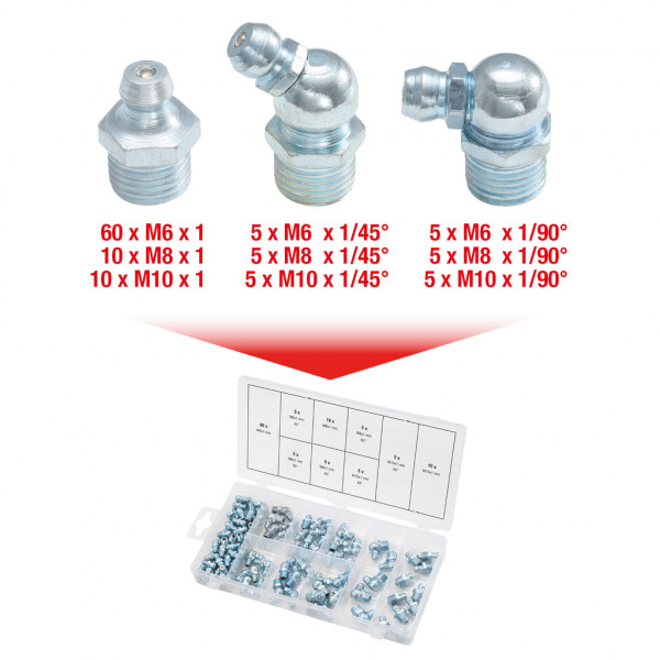 Set 110 nipluri de ungere KS TOOLS 970.0030, M6-8-10x1.0, cutie plastic