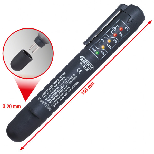 Tester pentru lichidul de frana KS TOOLS 150.2199, baterie AAA, 1.5V, pentru lichid DOT4, afisaj optic/5LED, carcasa material plastic