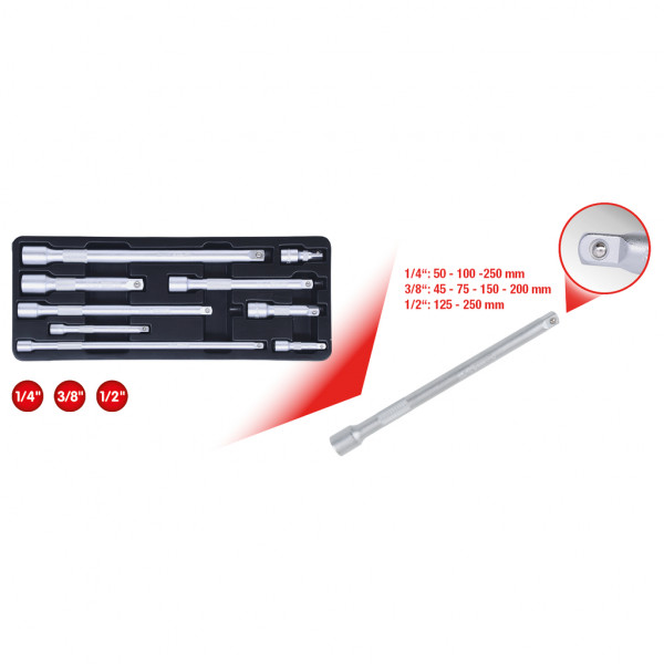 Set 9 prelungitoare scule KS TOOLS 911.0007, antrenor patrat 1/4 inch, 3/8 inch, 1/2 inch, lungime 50-250 mm, otel crom vanadiu