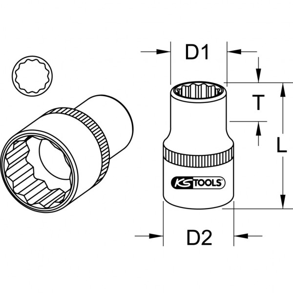Cap cheie tubulara KS TOOLS 917.1362, antrenor patrat 1/2 inch, profil cu 12 laturi, deschidere 9 mm, lungime 38 mm, otel crom vanadiu