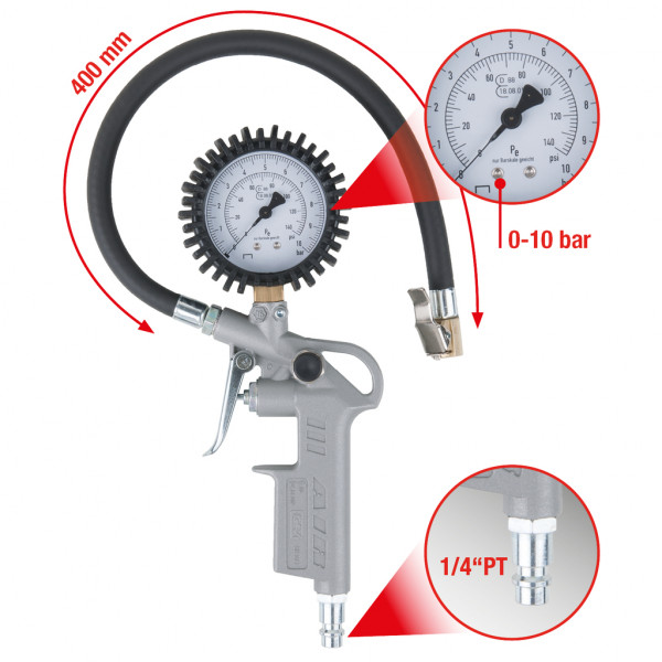 Pistol pentru umflat anvelope KS TOOLS 515.1960, cu manometru, cupla aer 1/4 inch, presiune de lucru 6.3 bar, lungime furtun 400 mm