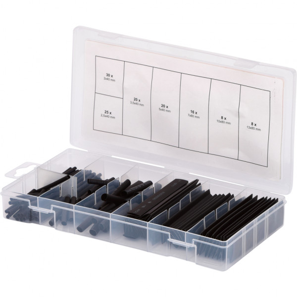 Set 127 tuburi termocontractabile KS TOOLS 970.0230, 2x40 - 13x80 mm, rata de contractie 2:1, negru, cutie plastic