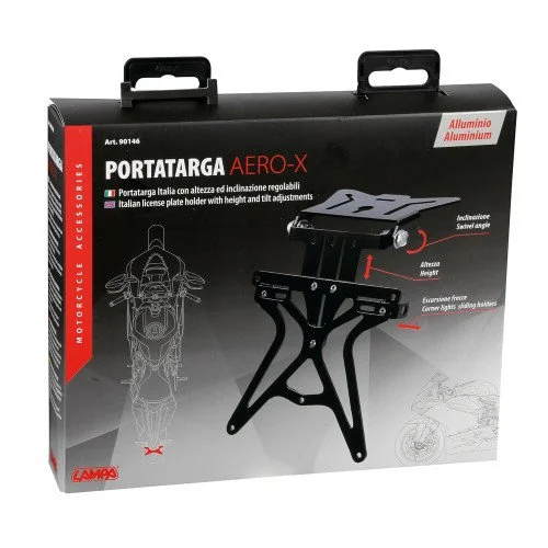 Suport pentru numar de inmatriculare moto LAMPA Aero X LAM90146, din aluminiu, reglabil pe inaltime, latime si inclinare, negru