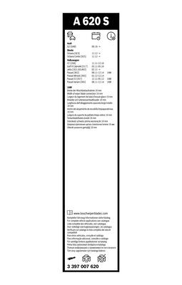 Set lamele stergator BOSCH AeroTwin A620S 3 397 007 620, lungime 600 mm, 475 mm, fara carcasa, pentru vehicule cu volan pe stanga