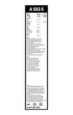 Set stergatoare parbriz BOSCH A583S 3397007583, lamela tip AeroBlade, lungime 650 mm, 340 mm, pentru vehicule cu volan pe stanga