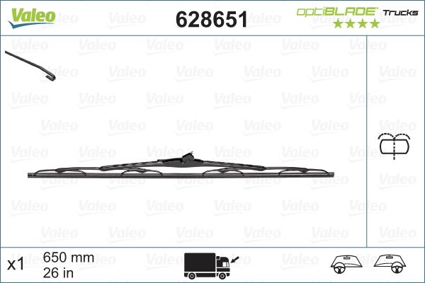 Lamela stergator parbriz VALEO 628651 OPTIBLADE TRUCKS, lungime 650 mm, cu duza de spalare integrata