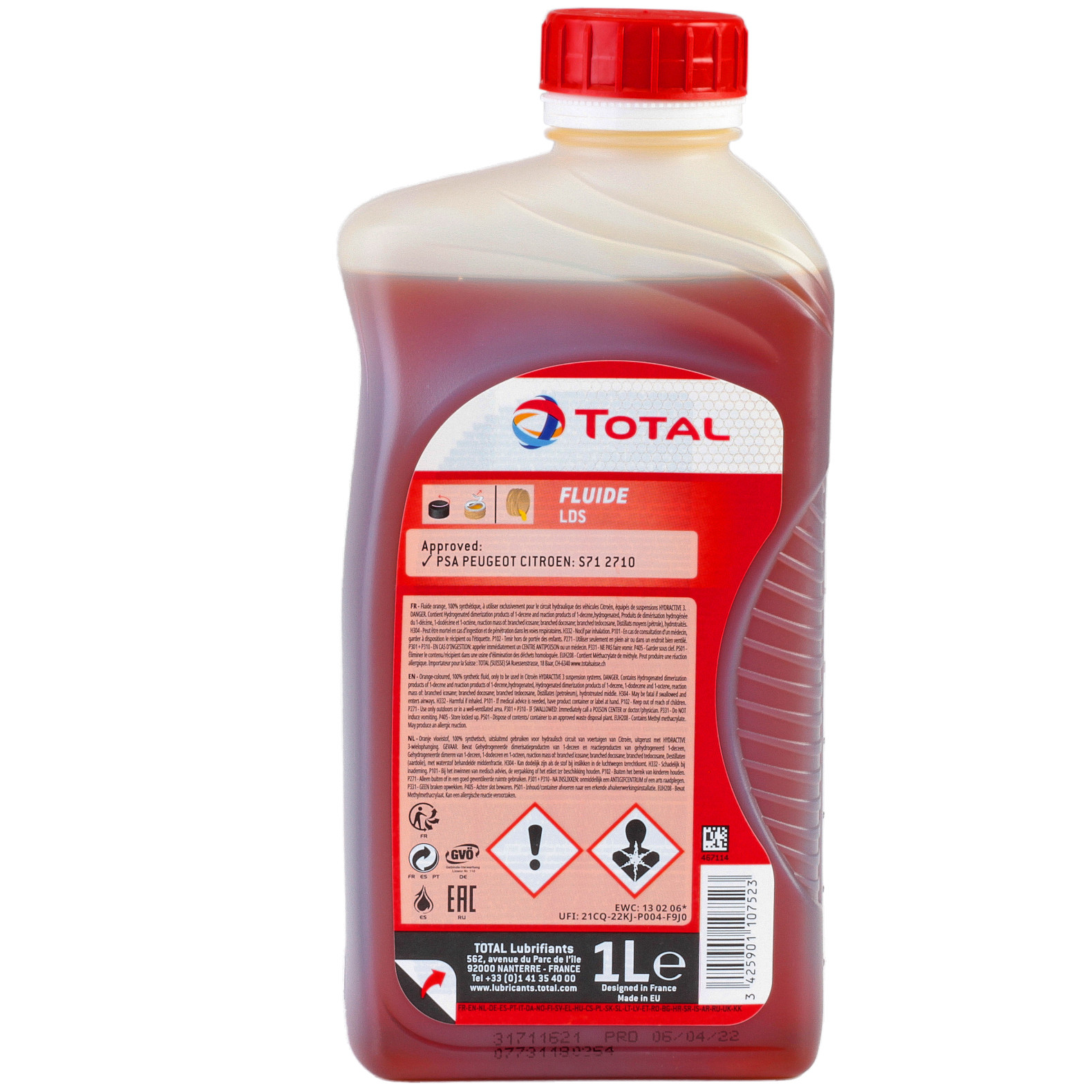 Ulei hidraulic special TOTAL FLUIDE LDS 213758, volum 1 litru, sintetic, portocaliu, pentru sistem suspensie hidropneumatic, Citroen HYDRActive 3