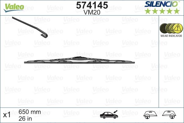 Lamela stergator parbriz VALEO SILENCIO CONVENTIONAL SINGLE 574145, lungime 650 mm, cu avertizare vizuala de uzura