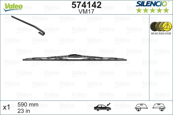 Lamela stergator parbriz VALEO SILENCIO CONVENTIONAL SINGLE 574142, lungime 590 mm, cu contact integrat avertizare uzura, standard