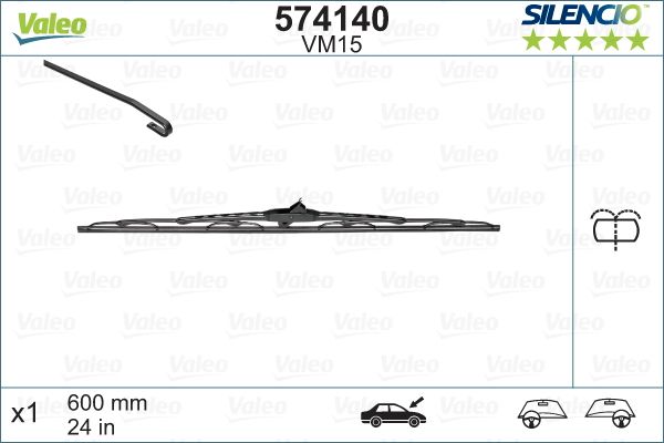 Lamela stergator parbriz VALEO SILENCIO CONVENTIONAL SINGLE 574140, lungime 600 mm, cu duza spalator integrata, standard
