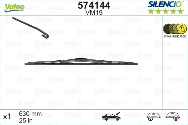 Lamela stergator parbriz VALEO SILENCIO CONVENTIONAL SINGLE 574144, lungime 630 mm, standard, avertizare vizuala de uzura