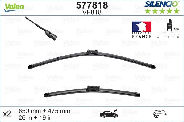 Set stergatoare parbriz VALEO SILENCIO X.TRM FLAT BLADE SET 577818, lungime 650 mm, 475 mm, cu spoiler, fara carcasa