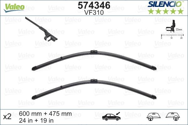 Set stergatoare parbriz VALEO SILENCIO X.TRM FLAT BLADE SET 574346, lungime 600 mm, 475 mm, fara carcasa, cu spoiler